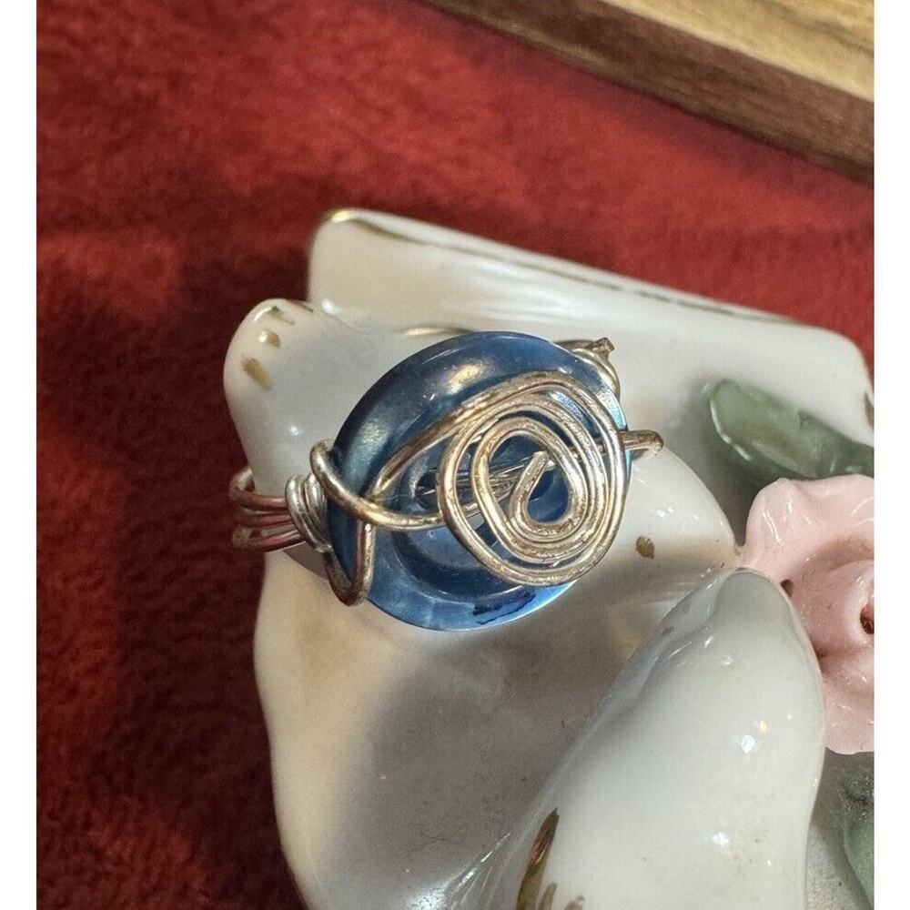 -RING Wire Wrapped Silver Ring With Blue Button Size 8